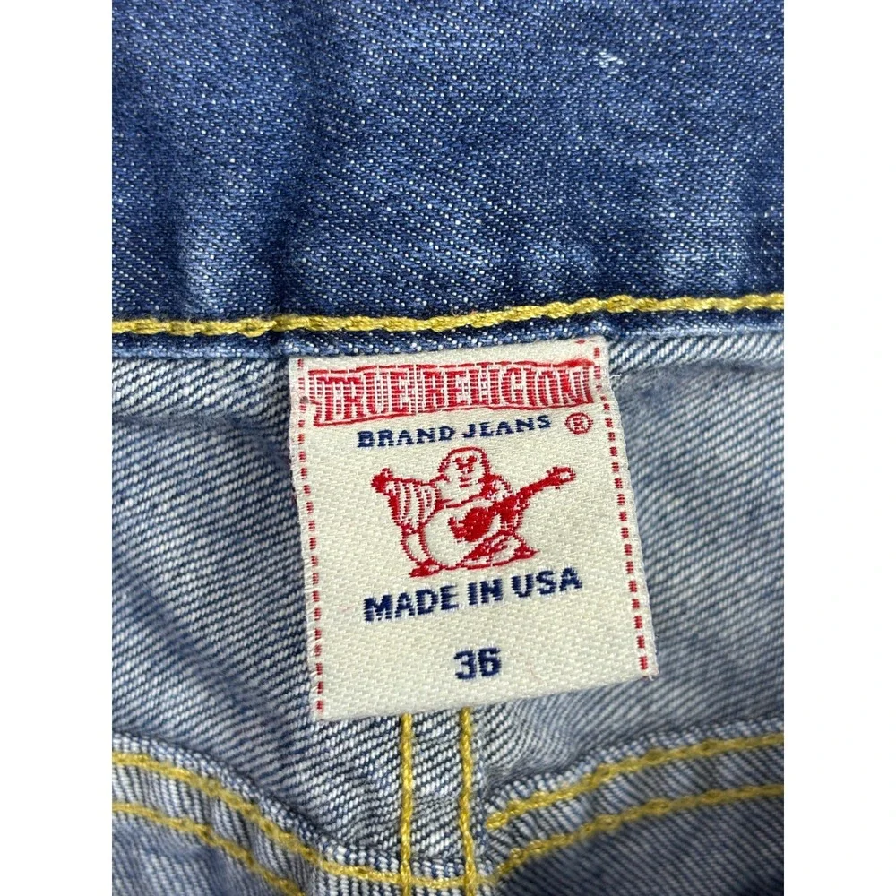 True Religion Mens Blue Denim Cut Off Shorts Size 36 Straight Flap Pocket USA